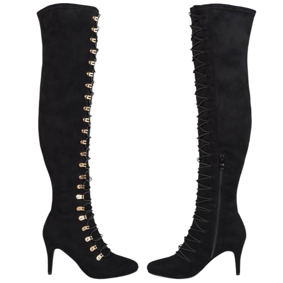 Journee Trill Black Wide Calf Thigh High Heeled Lace Up Boot Women’s Size 8.5 - Picture 1 of 15